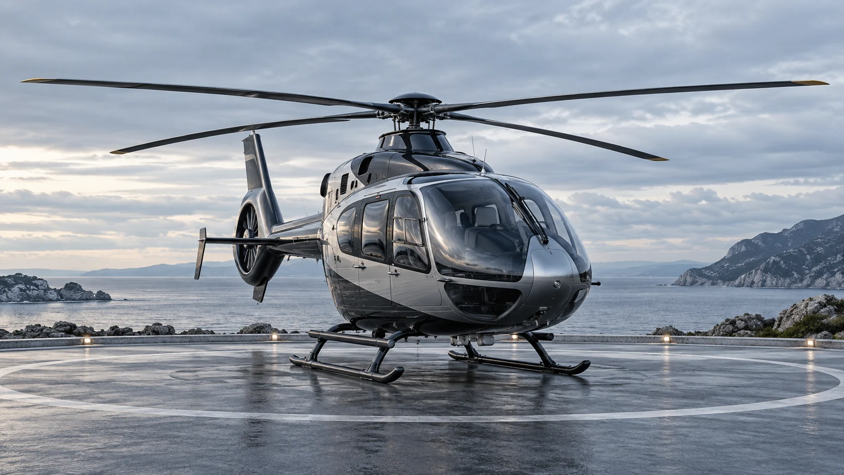 AI concept illustration of a helicopter on a coastal helipad