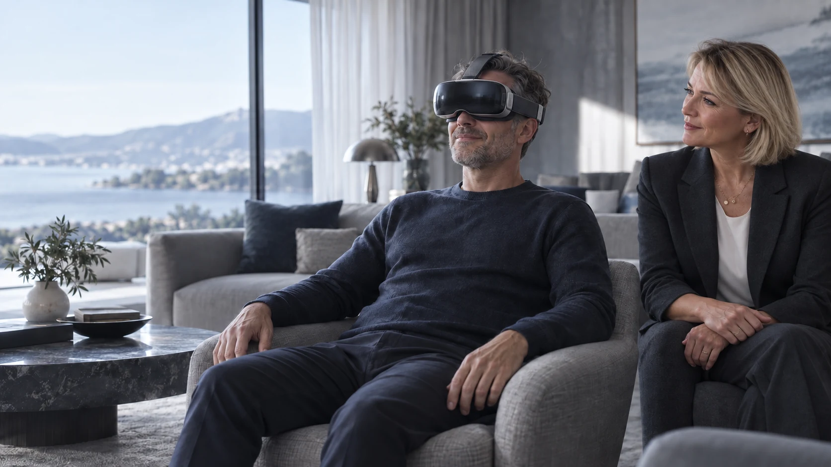 AI illustration of a Marija-inspired guide beside a fictional client wearing an unbranded VR headset